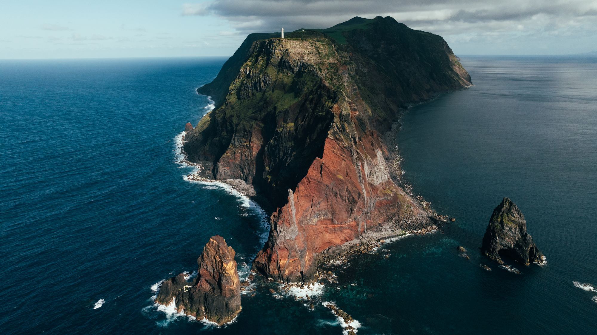Aerial drone view of volcanic island in Azores
